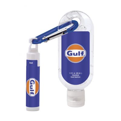 1.9 oz. Sanitizer w/ Carabiner and Clear Flip Top attached to SPF 15 Lip Balm