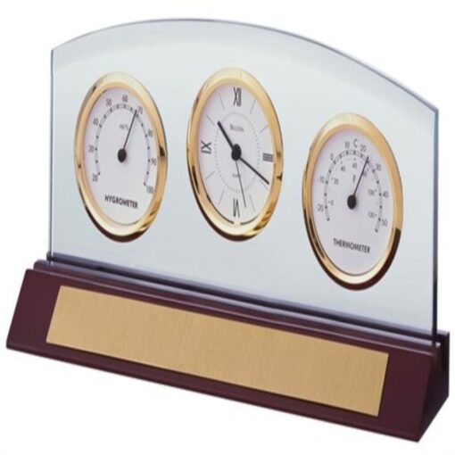 Bulova Weston Glass Panel Clock & Thermometers w/ Mahogany Finish Base-1